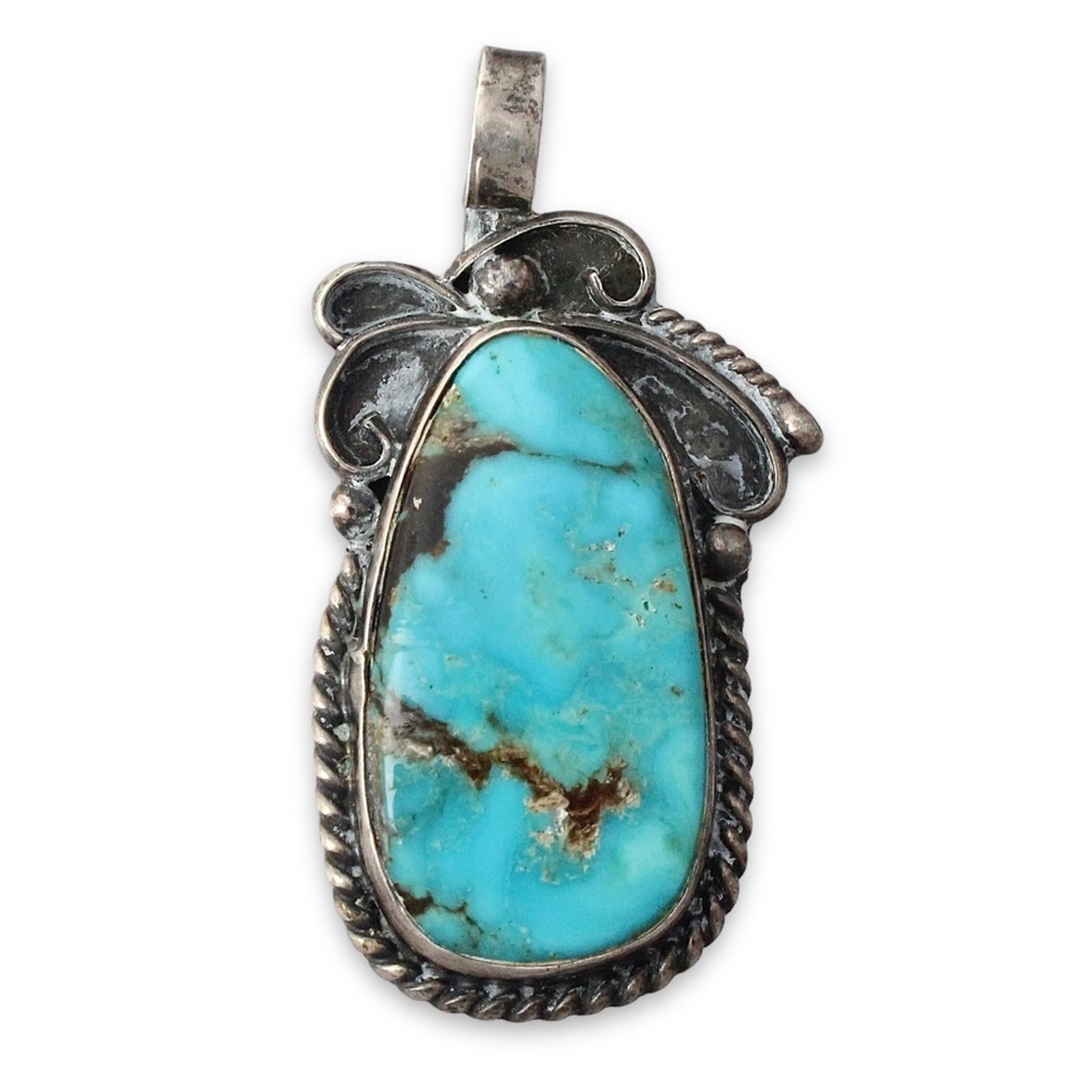 Vintage Navajo Turquoise Sterling Silver Necklace Pendant Large Native American